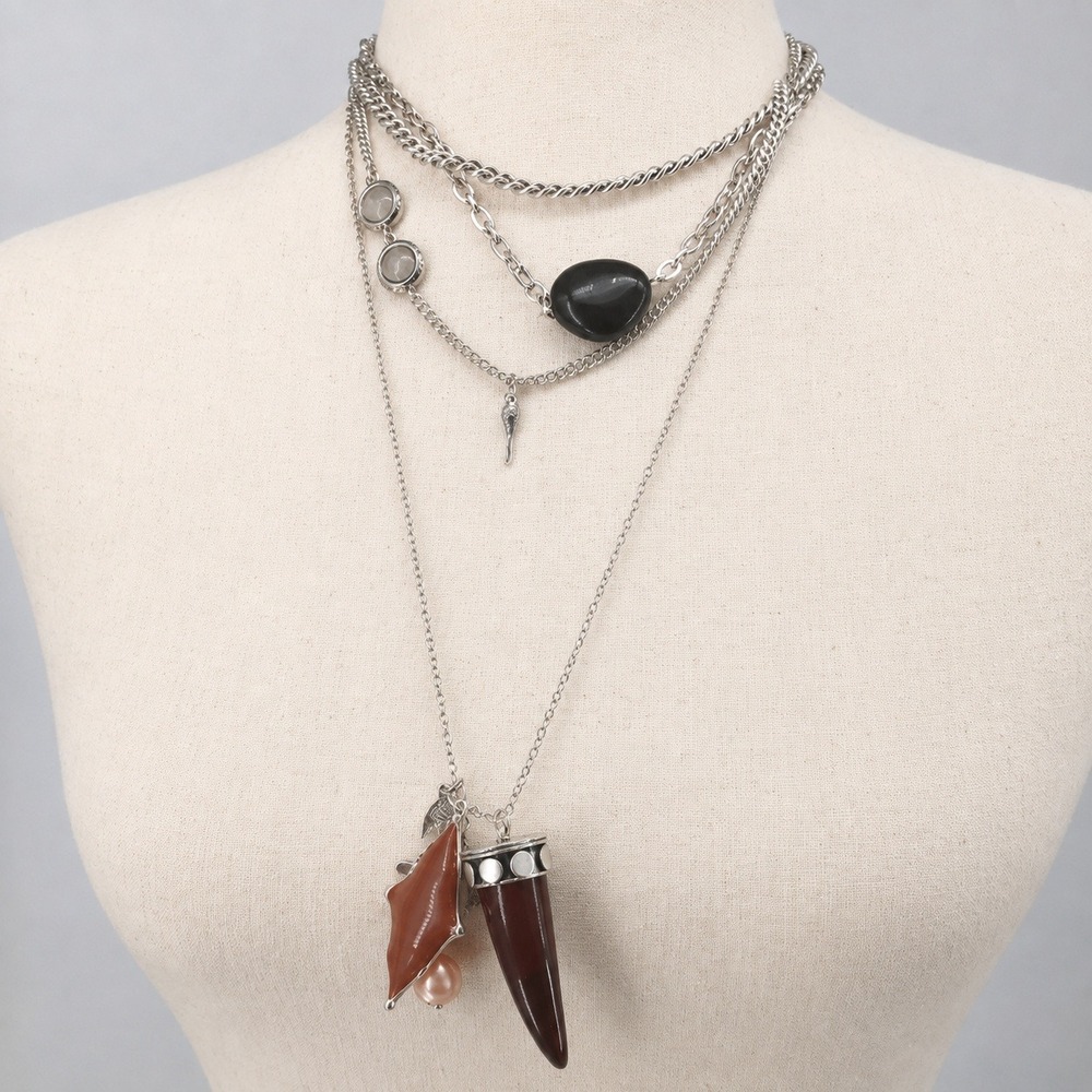 Free People Western Boho Zella Layered Statement Necklace Horn Multi Chain Charm
